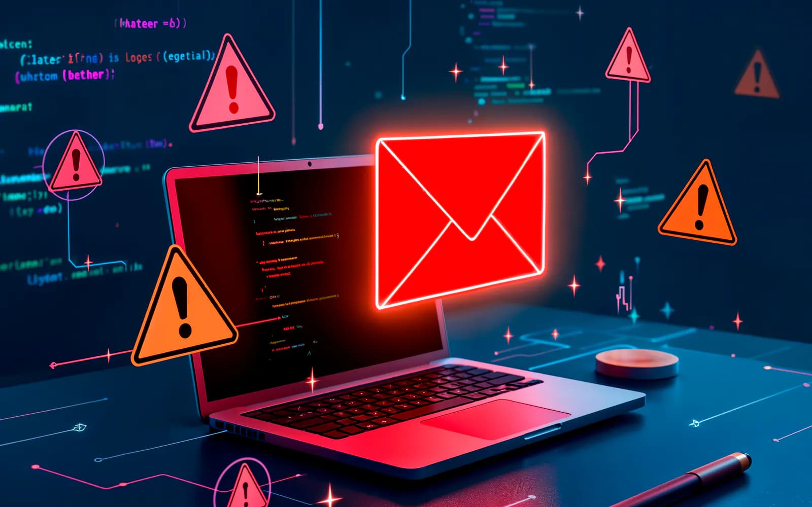 Ein leuchtend roter Umschlag über einem Laptop, umgeben von Warndreiecken