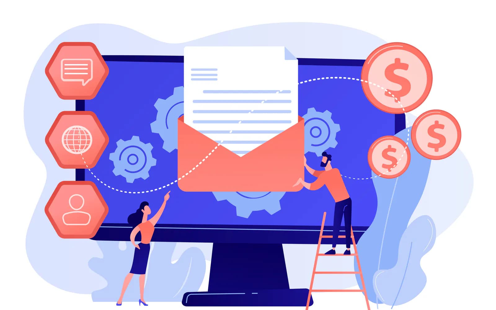 Illustration of two people building an email campaign on a large monitor