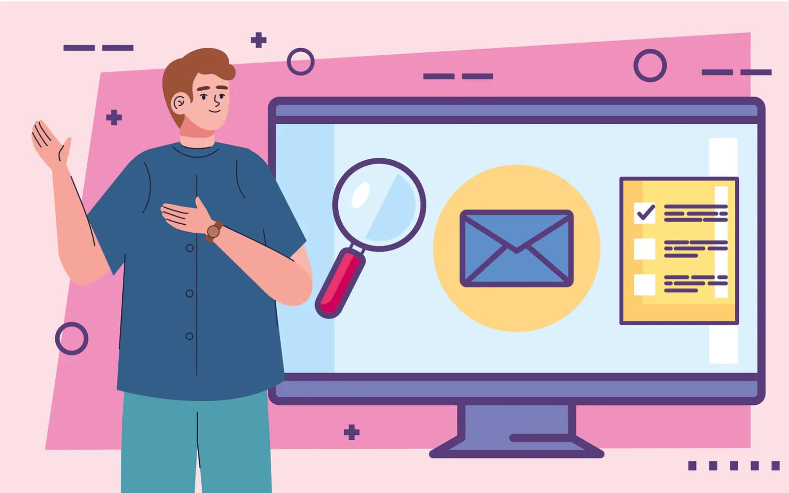 Illustration of a man presenting an email check with a magnifying glass and a checklist